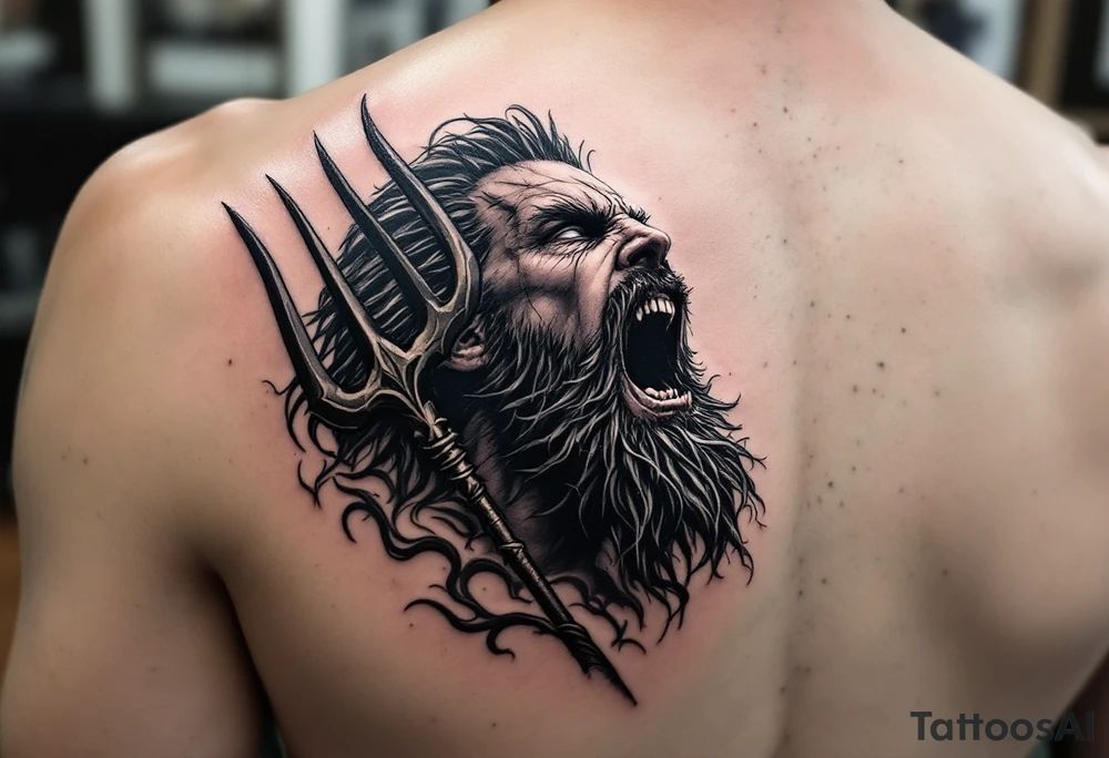 screaming poseidon, behind a trident, looking at the sky tattoo idea