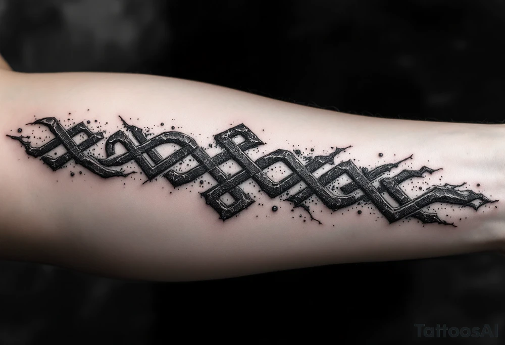 A forearm tattoo featuring a vertical line of deep crimson Slavic runes, each carved with rough stone-like texture and glowing faintly, set against a black and smoky-gray background with subtle ash particles floating around. tattoo idea