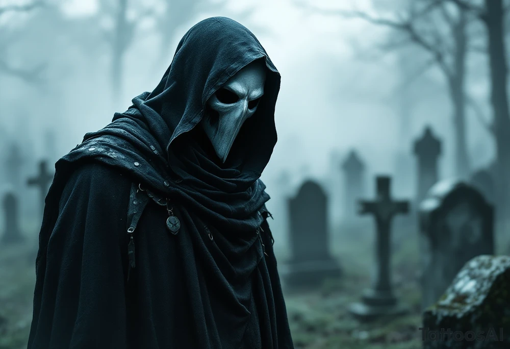 Plague Doctor in a Cemetery – A melancholic scene, with a doctor standing near fog-covered gravestones. The cloak is draped over one shoulder, and the mask is slightly tilted downward, giving a sorrowful, contemplative look. tattoo idea