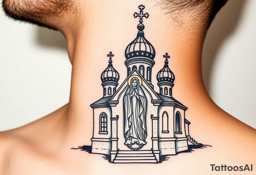 medium sized Russian orthodox church with bulb domes with a prominent russian orthodox style virgin mary stood tattoo idea