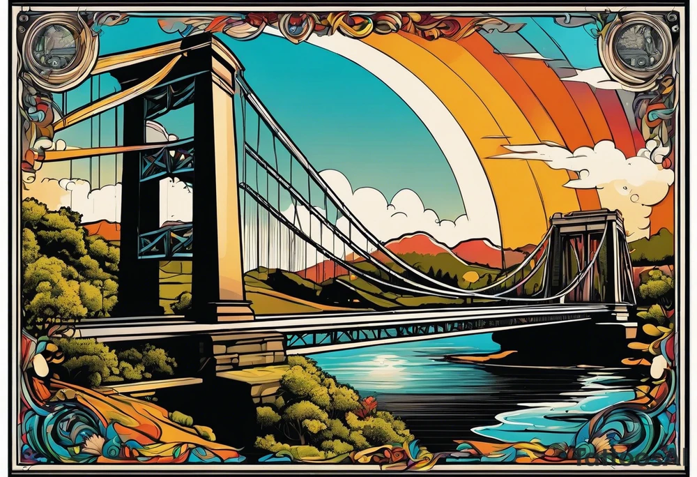 70's poster art, view from under cantilever bridge tattoo idea