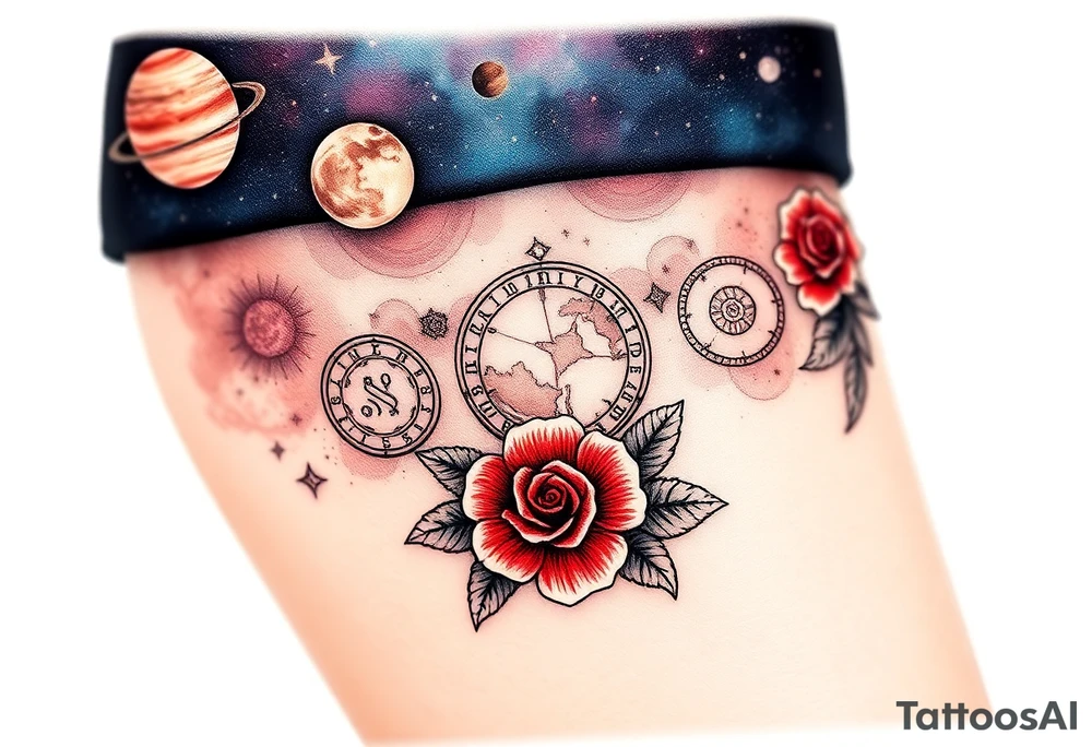Milky way galaxy with planets with zodiac symbols and protection runes in it with red roses and sunflowers tattoo idea