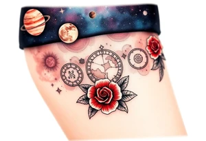 Milky way galaxy with planets with zodiac symbols and protection runes in it with red roses and sunflowers tattoo idea
