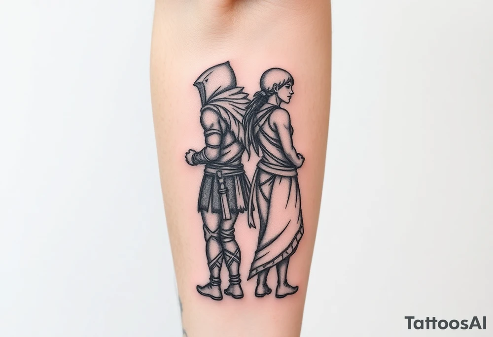 Warrior and Peace standing back to back tattoo idea