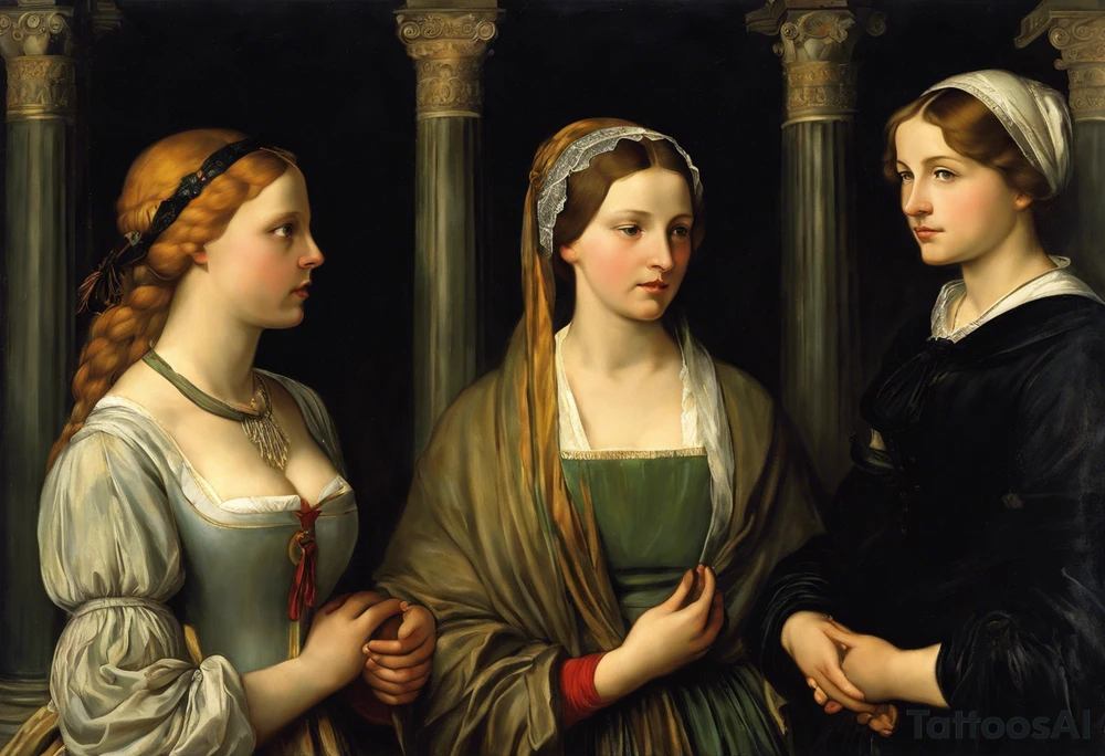 3 webliche Menschen die nebeneinander stehen. Die linke ist ein junges mädchen, die mittlere eine reife Frau, die rechte eine sehr alte frau. Sie blicken  nach vorne.
Es sind 3 weberinen. Sie symbolisisren die moiren, alte schicksalsgöttinen. tattoo idea