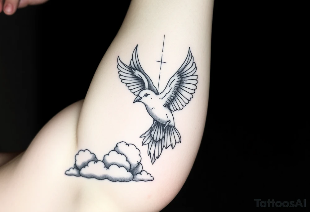 Dove and a blue jay, clouds, shining light to or from heaven tattoo idea