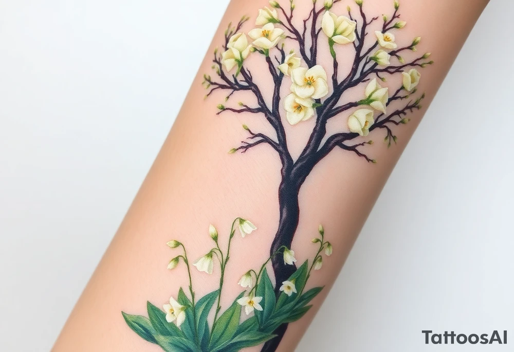White flowering Lilly of the vally bell plants on the ground underneath a majestic blooming hawthorn tree tattoo idea