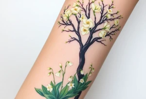 White flowering Lilly of the vally bell plants on the ground underneath a majestic blooming hawthorn tree tattoo idea