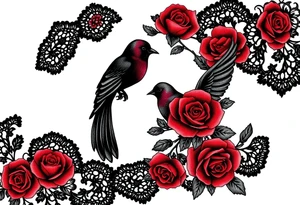 Vintage black lace, red roses, red birds, vintage, wrap around, tighter together, no space open tattoo idea