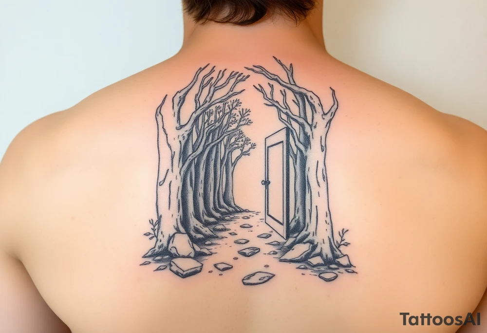 A wooded area with a doorway that is slightly ajar, leading to space tattoo idea
