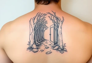 A wooded area with a doorway that is slightly ajar, leading to space tattoo idea