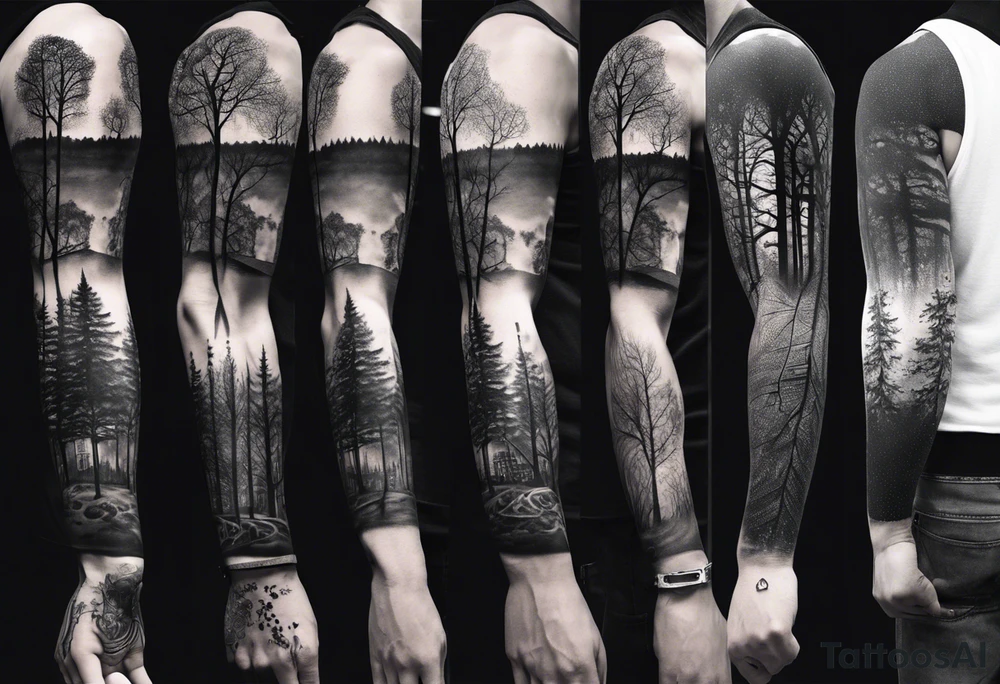 full arm sleeve tattoo... DNA, science, guitar, piano, music. tree of life, focus, masculine tattoo idea