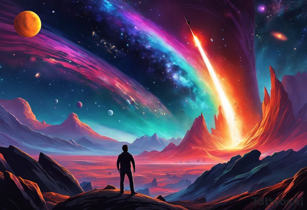 1. **Shoulder and Mid-Arm (Space Theme)**:
   - **Background**: Dark space with stars and nebulas.
   - **Elements**:
     - A rocket launching from the shoulder.
     - A swirling black hole with cosmic debris.
     - Various aliens in a UFO or standing on small planets.
   
2. **Lower Arm (Sky Theme)**:
   - **Transition**: Gradual fade from dark space to a lighter sky, incorporating colors from deep blues and purples to lighter blues and whites.
   - **Elements**:
     - Airplanes flying in different directions, leaving trails.
     - Soft clouds with some sun rays peeking through.
   
3. **Wrist and Hand (Blue Ridge Parkway)**:
   - **Background**: Blue Ridge Mountains with lush greenery.
   - **Elements**:
     - A winding road representing the Blue Ridge Parkway.
     - Trees and wildlife native to the region.
     - Possibly include a small stream or a few mountain flowers. tattoo idea