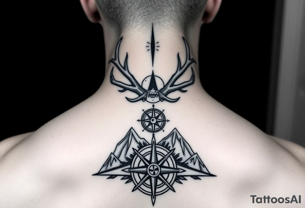 Long Spine tattoo that goes vertically down your spine of elk and deer antlers intertwined , a compass, and mountains tattoo idea