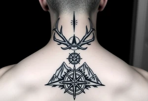 Long Spine tattoo that goes vertically down your spine of elk and deer antlers intertwined , a compass, and mountains tattoo idea