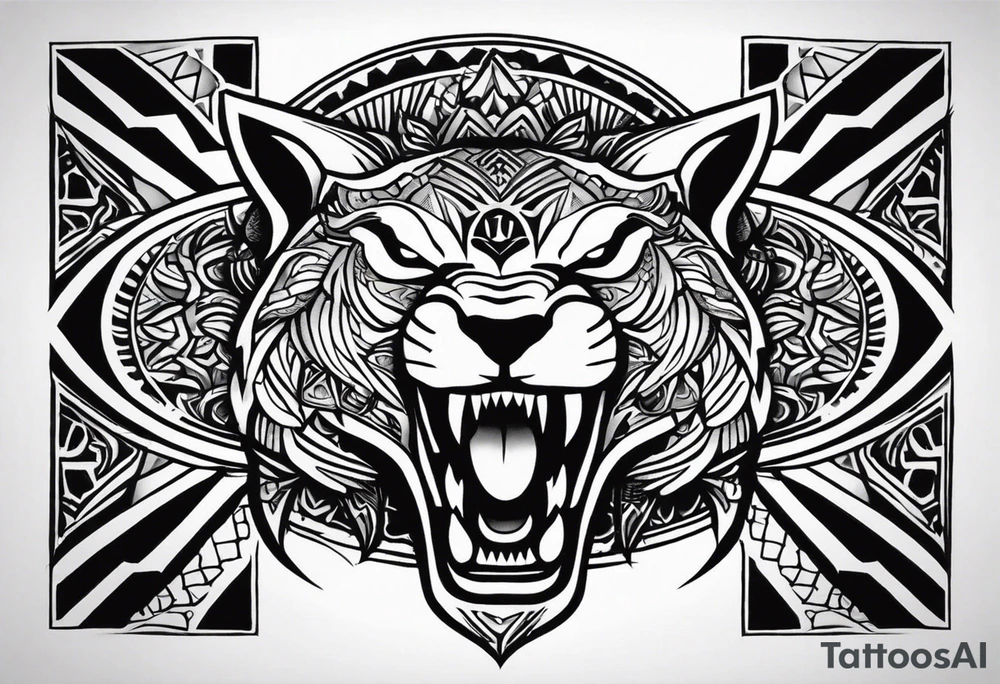 A tattoo for the knee featuring the face of a mythological creature, with fierce, exaggerated features like sharp fangs, intense eyes, and a wild expression. From its eyes, beams of light or energy radiate outward in a dynamic pattern. The design should feel bold and powerful, flowing naturally with the shape of the knee. tattoo idea