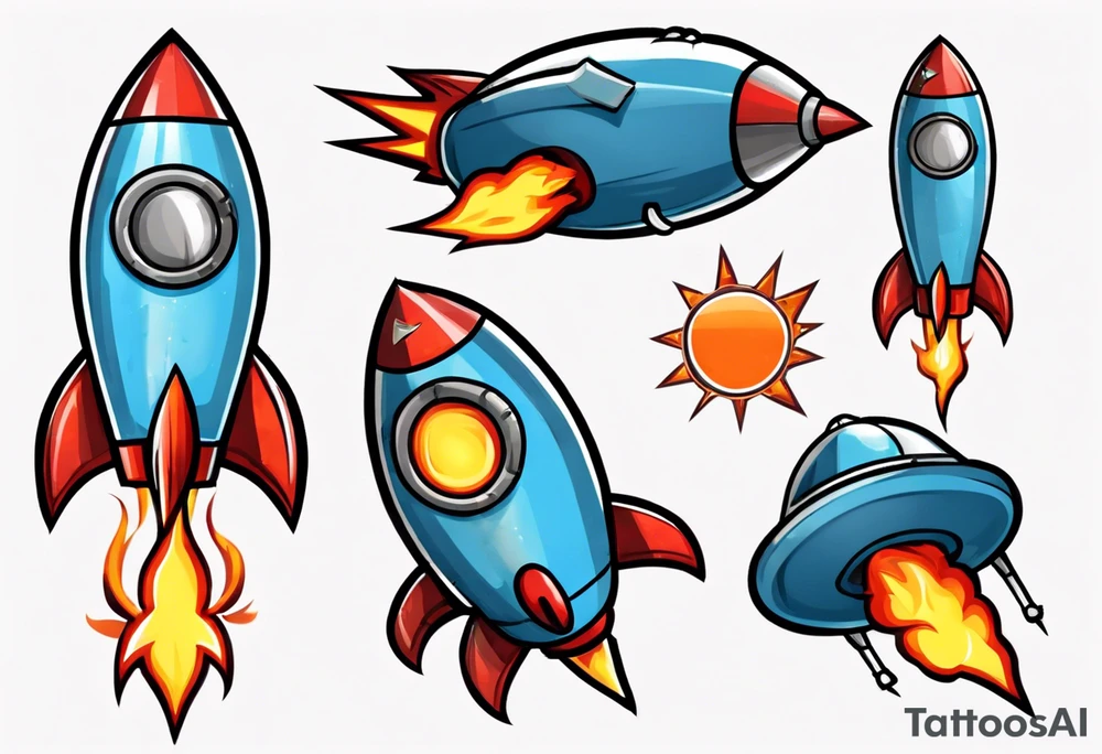 Super simple cartoon rocket ship with a round window, 3 fins, and fire coming out the bottom

Add some shading, color, and detail to make less basic - no blue tattoo idea