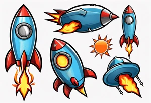 Super simple cartoon rocket ship with a round window, 3 fins, and fire coming out the bottom

Add some shading, color, and detail to make less basic - no blue tattoo idea