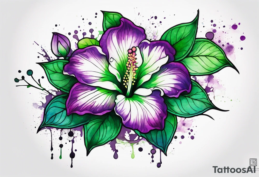 A mystical outline of a green and purple rio dipladenia flower and a green and purple watercolor splash in the background tattoo idea