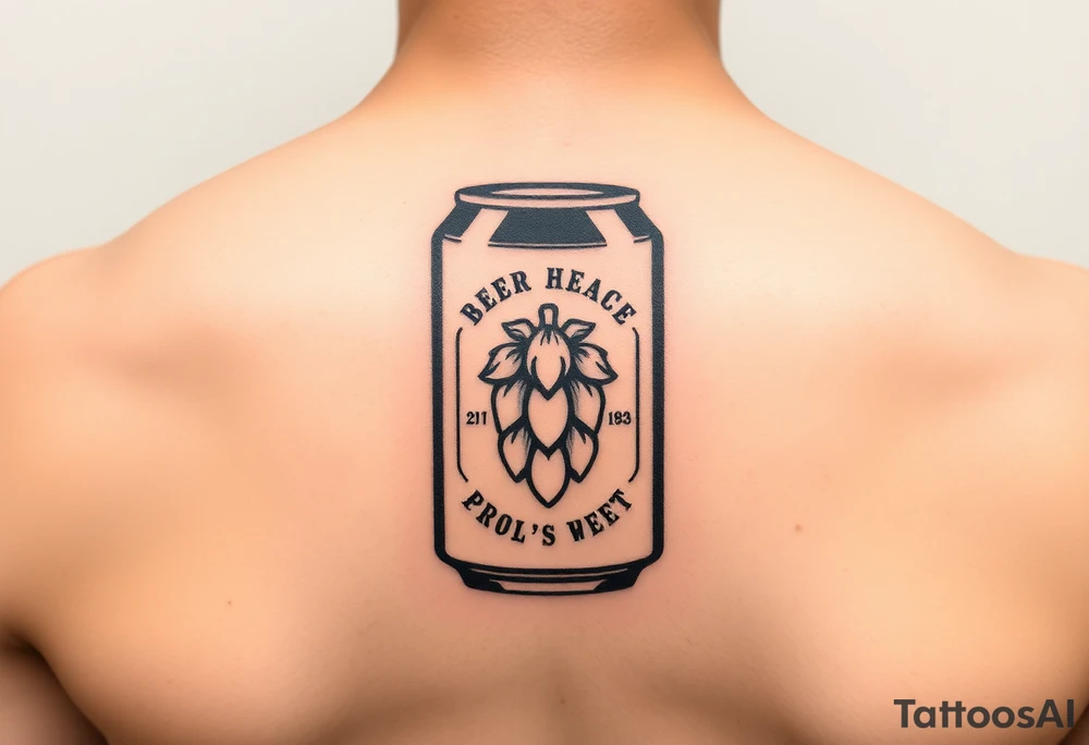 A minimalist black and gold beer can design, with vintage typography and a hop emblem, capturing a sleek and modern aesthetic tattoo idea