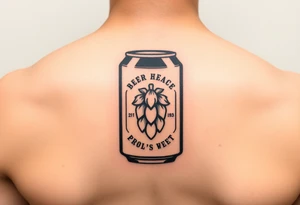 A minimalist black and gold beer can design, with vintage typography and a hop emblem, capturing a sleek and modern aesthetic tattoo idea