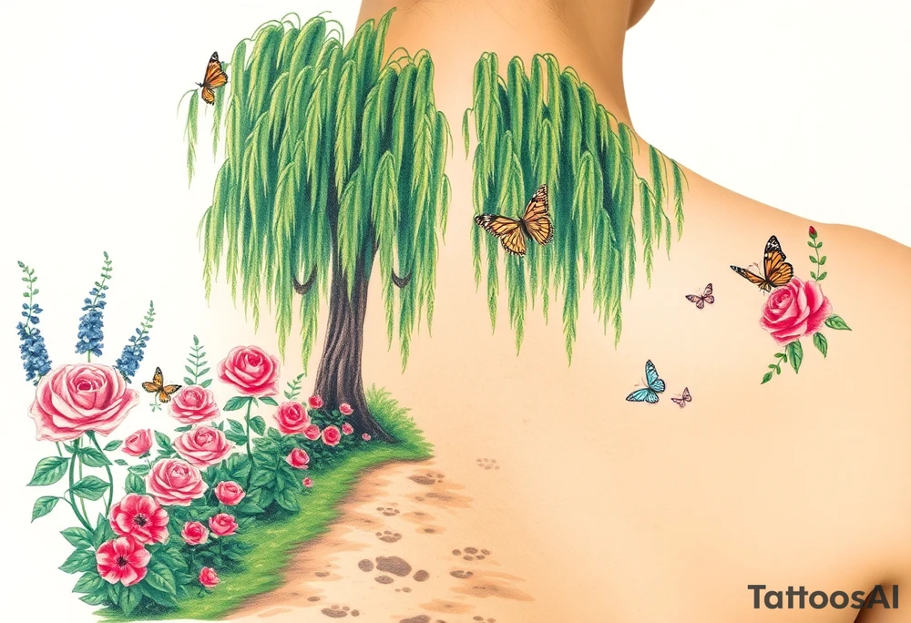 weeping willow garden with roses and liles flower beds. fantasy creatures, fairies, mermiads, dragons butterflies,  cat paw prints path in dirt. tattoo idea