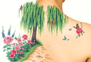 weeping willow garden with roses and liles flower beds. fantasy creatures, fairies, mermiads, dragons butterflies,  cat paw prints path in dirt. tattoo idea