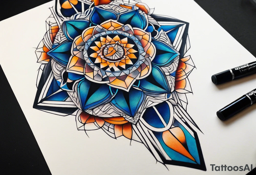semi Detailed neo traditional knee tattoo flat on paper. The tattoo features geometric patterns and bold lines, creating a visually striking design with slight tints of deep fall colors. The background 
outside the tattoo features deep blues washes and water swirls tattoo idea