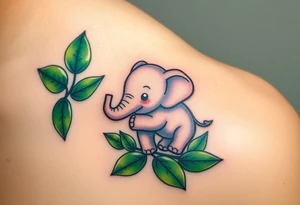 A baby elephant holding its elephant mama trunk, surrounded by soft green leaves and warm earth tones, symbolizing guidance and protection tattoo idea