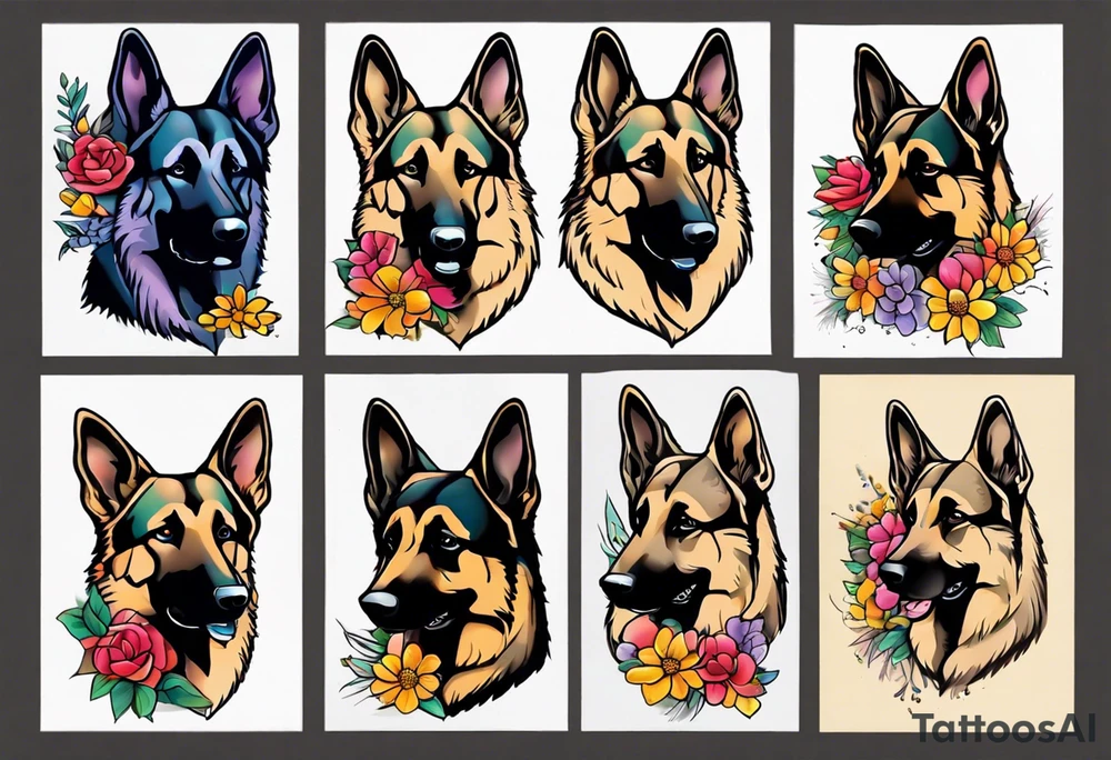 Sable coat German shepherd portrait brightly colored with flowers tattoo idea
