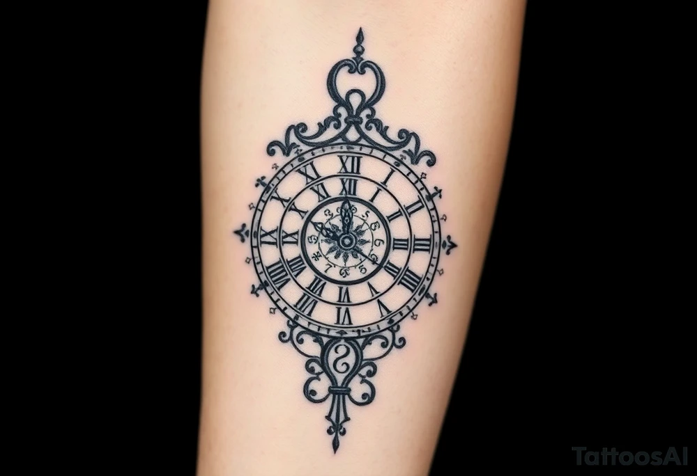 vintage roman numerals within ornate clockwork mechanism tattoo idea