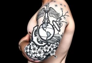 Marine Corps eagle globe and anchor emblem, Mount Fuji, Washington monument all with cherry blossoms filling in tattoo idea