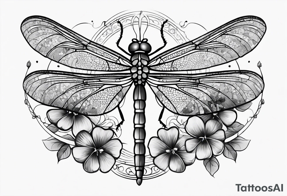 Dragon fly with clovers behind it tattoo idea