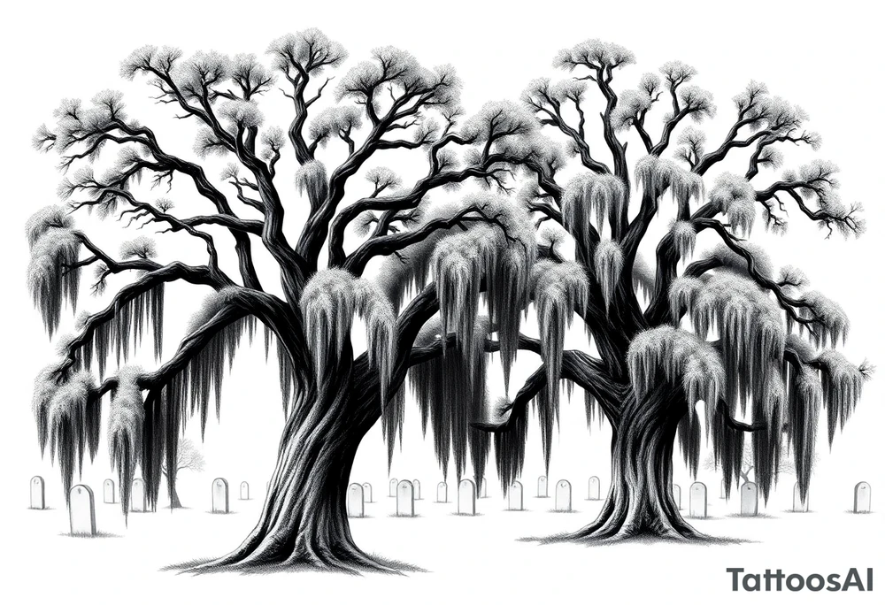 2 Oak trees with a lot of Spanish moss in a cemetery tattoo idea