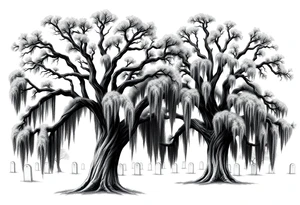 2 Oak trees with a lot of Spanish moss in a cemetery tattoo idea