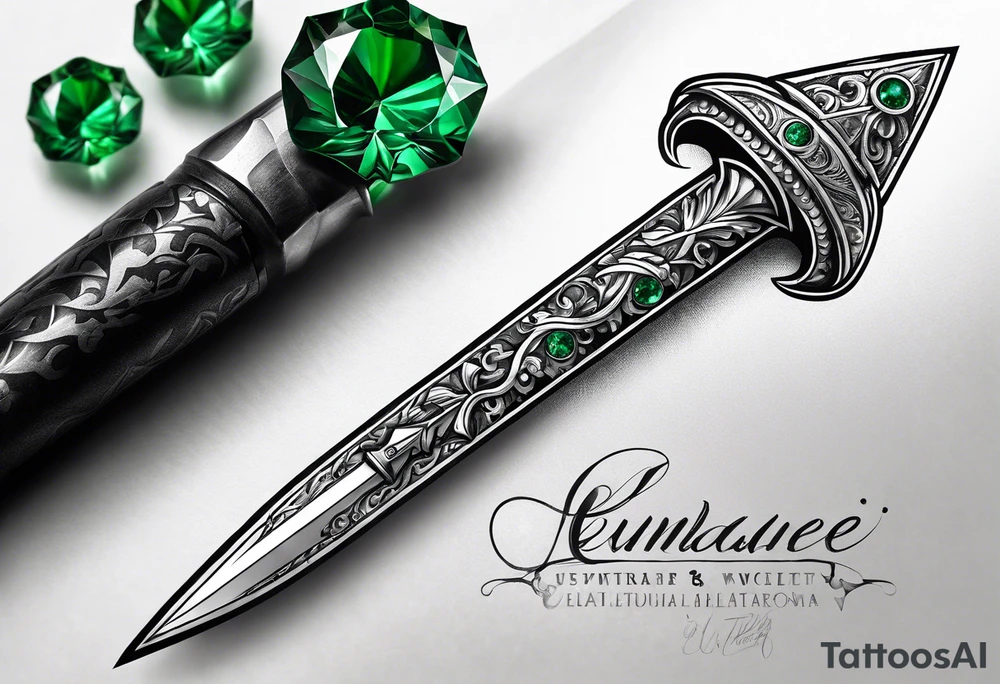 An athame dagger with the hilt turned upward and emerald gemstones tattoo idea