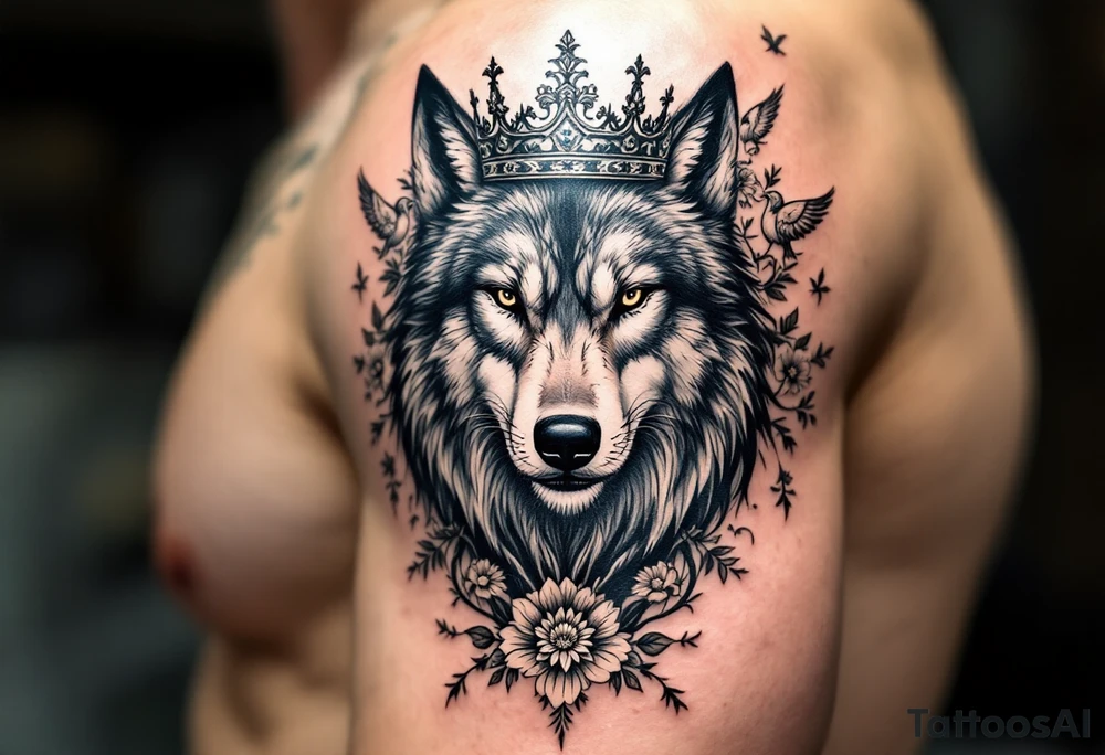 powerful majestic wolf with a crown, surrounded by floral ornaments and birds tattoo idea