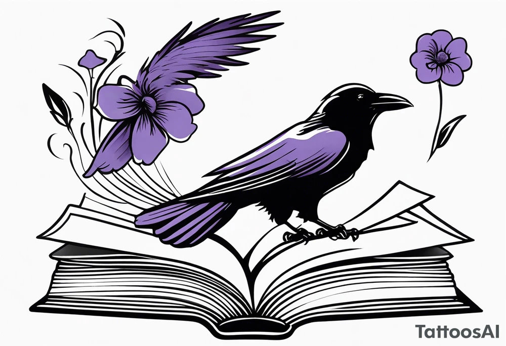 an open book with a small raven flying over, a pawn piece to the right, a single music note and a lavender flower on top of the book tattoo idea