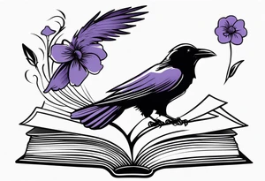 an open book with a small raven flying over, a pawn piece to the right, a single music note and a lavender flower on top of the book tattoo idea