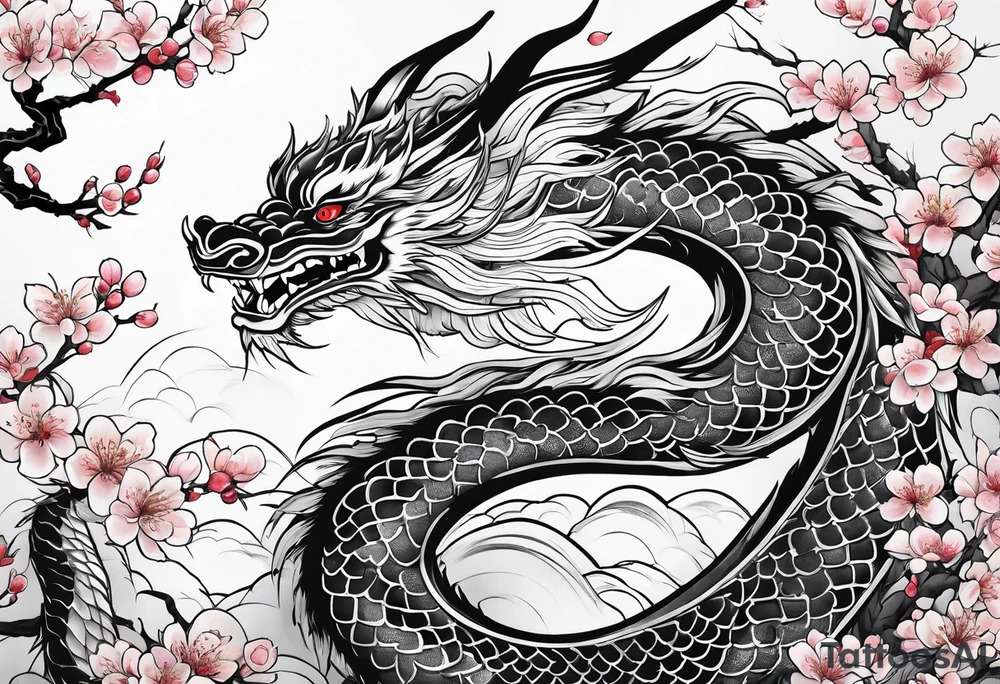 Japanese dragon, cherry blossoms, full sleeve tattoo idea