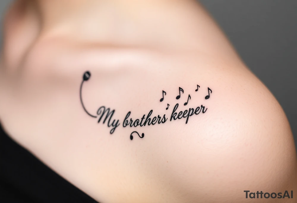 A microphone end of cord drawing the words “My brothers keeper” and music notes tattoo idea