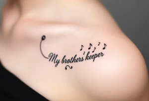 A microphone end of cord drawing the words “My brothers keeper” and music notes tattoo idea