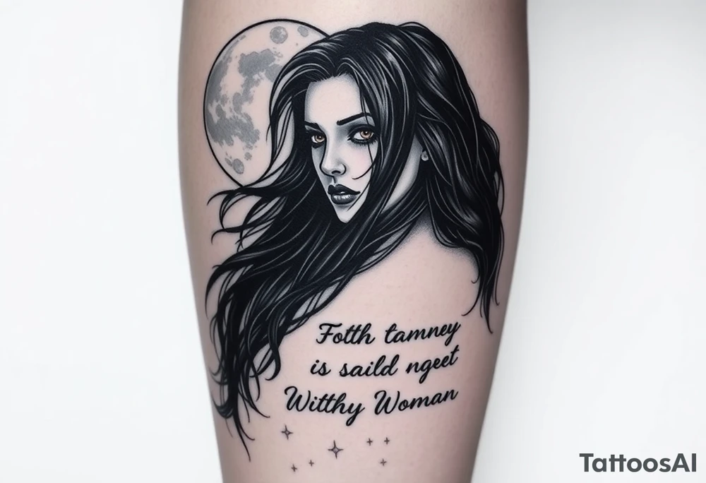Mystical / detailed realism gothic style
Placement: thigh
 Full moon, raven-haired woman with glowing brown eyes
 Fog and stars (if that’s what you meant?)
Witchy Woman” song lyrics incorporated based off the song  tattoo tattoo idea