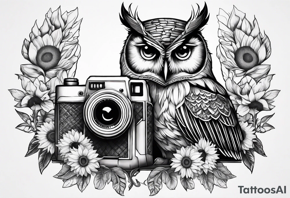 Owl, sunflower, camera, book, peacock tattoo idea