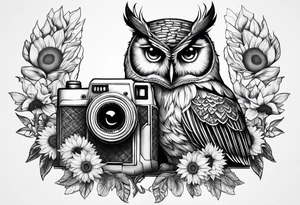 Owl, sunflower, camera, book, peacock tattoo idea