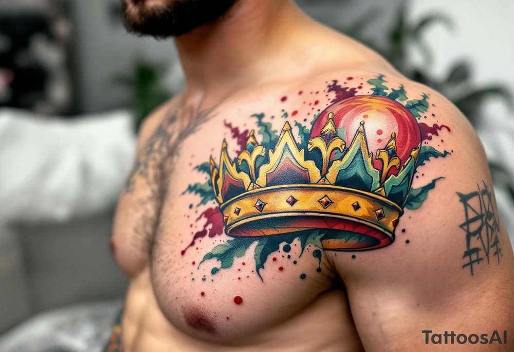 Traditional-style crown tattoos with bold red, green, and yellow ink and thick outlines. tattoo idea