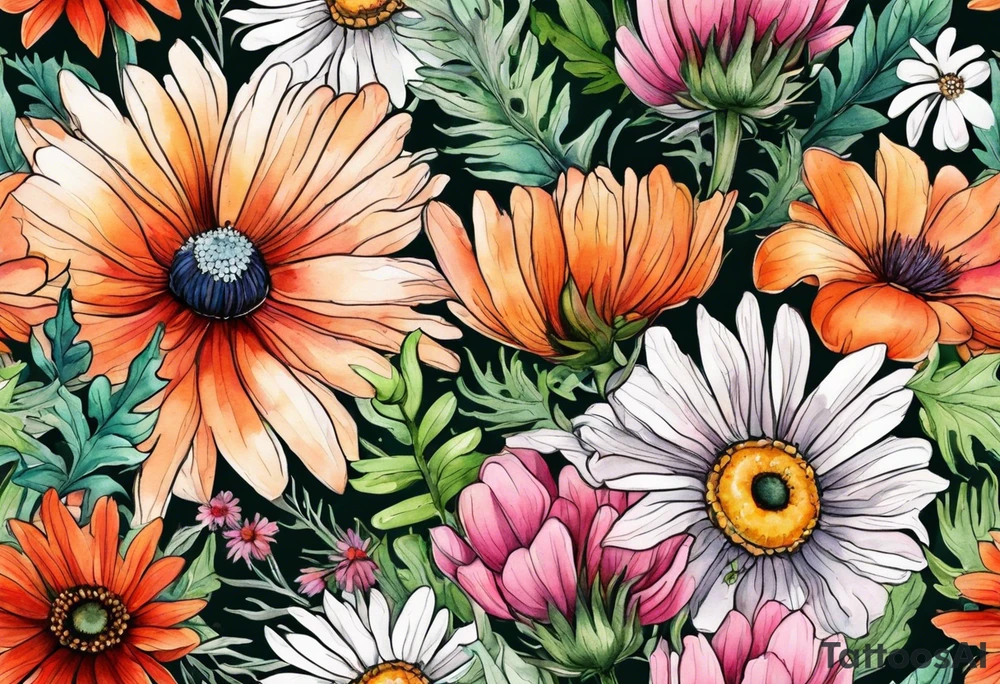 wildflowers with thistles, ferns, white anemones, sun flowers, orange flowers, green flowers, pink flowers, red flowers, babys breath and daisies all in watercolor tattoo idea