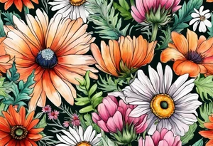 wildflowers with thistles, ferns, white anemones, sun flowers, orange flowers, green flowers, pink flowers, red flowers, babys breath and daisies all in watercolor tattoo idea