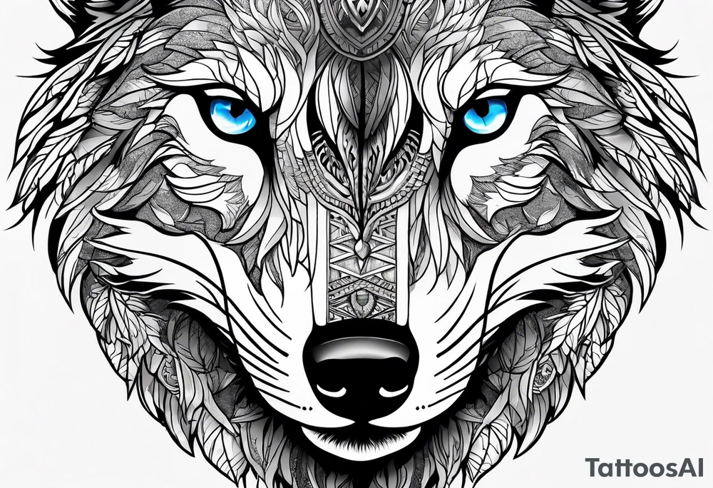 Halbes Gesicht eines Wolfes
Im Hintergrund Wald und Berge
Fenrir tattoo idea