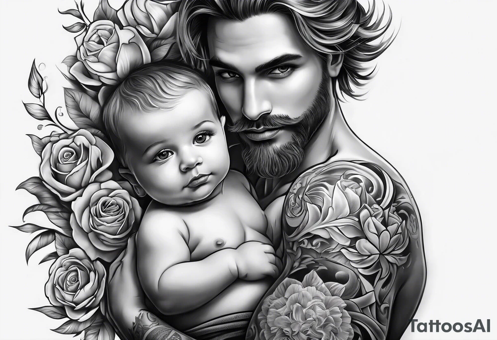 Father and baby son half sleeve tattoo idea